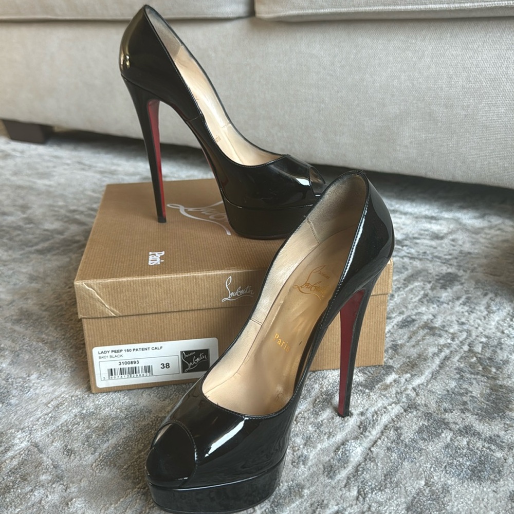 Christian Louboutin 150mm Platform Lady Peep Black Patent Calf Leather Size 38